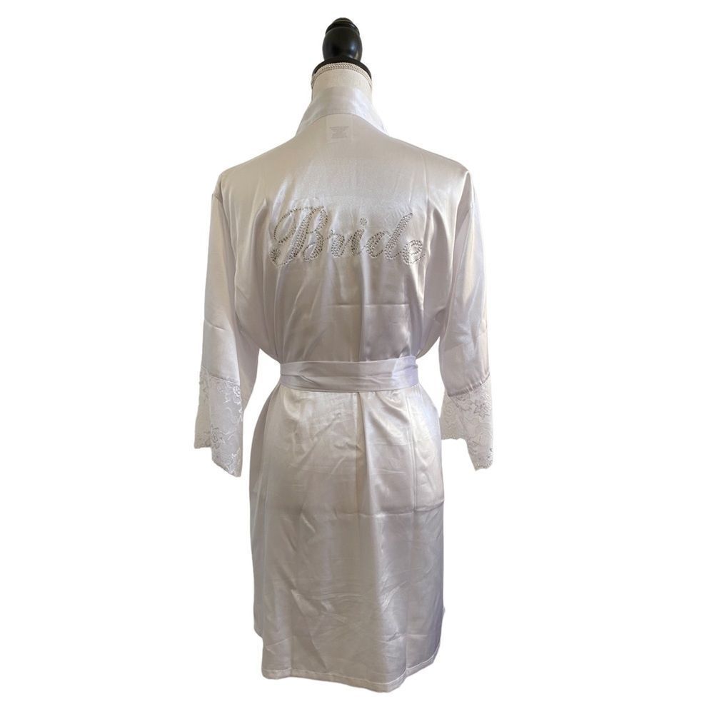 Satin Rhinestone Embellished Bride Robe With Lace Det… - Gem